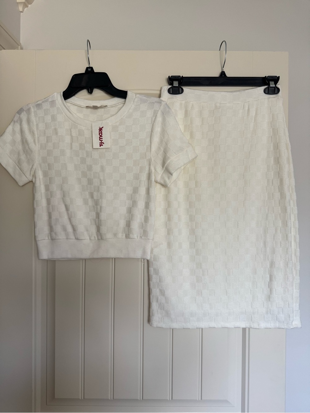 White Checker Knit Short-Sleeve Top & Skirt Set